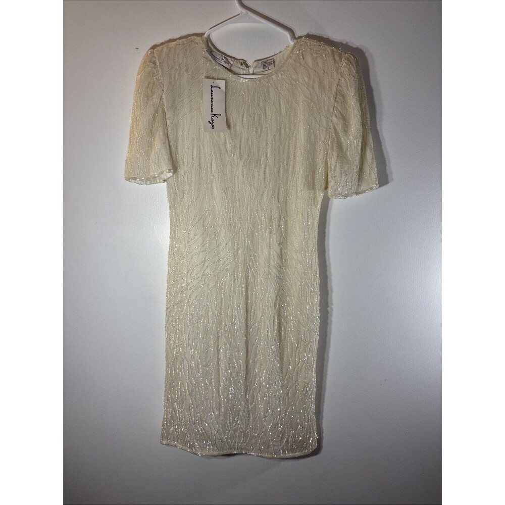 Laurence Kazan Dress Beaded Silk / sequin VINTAGE Blush NWT Wedding Sz S  Midi